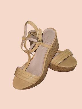 Kate Spade Tan Leather T-Strap Ankle Strap Sandals CORK WEDGE
